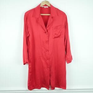 Vintage Small Nightgown Sleep Shirt 100% Silk Red 90s Collared Satin Lounge